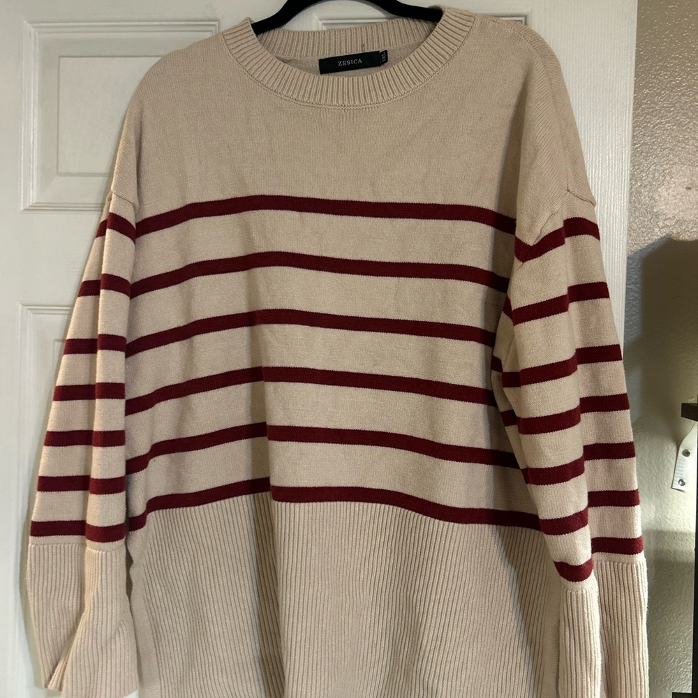 Beige and Red Striped Sweater